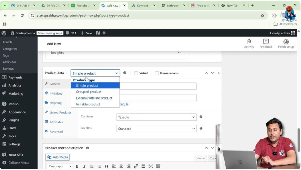 WooCommerce product data box with variable product option selected