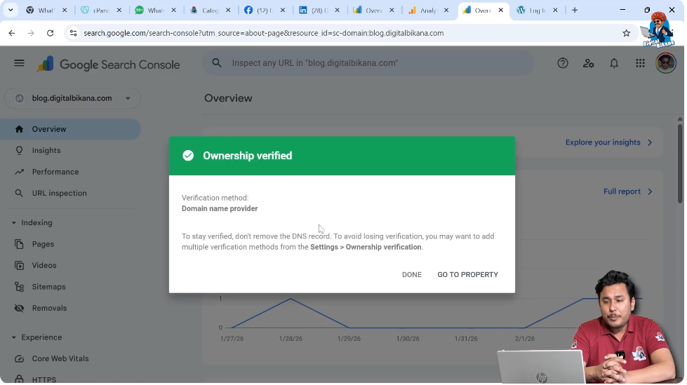 Domain ownership verified message in Google Search Console
