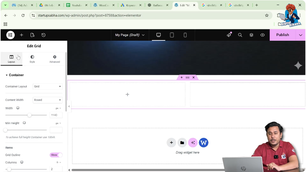 Elementor container settings panel showing layout style and advanced options