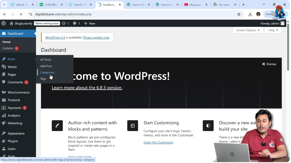 Categories section in WordPress dashboard to create blog categories