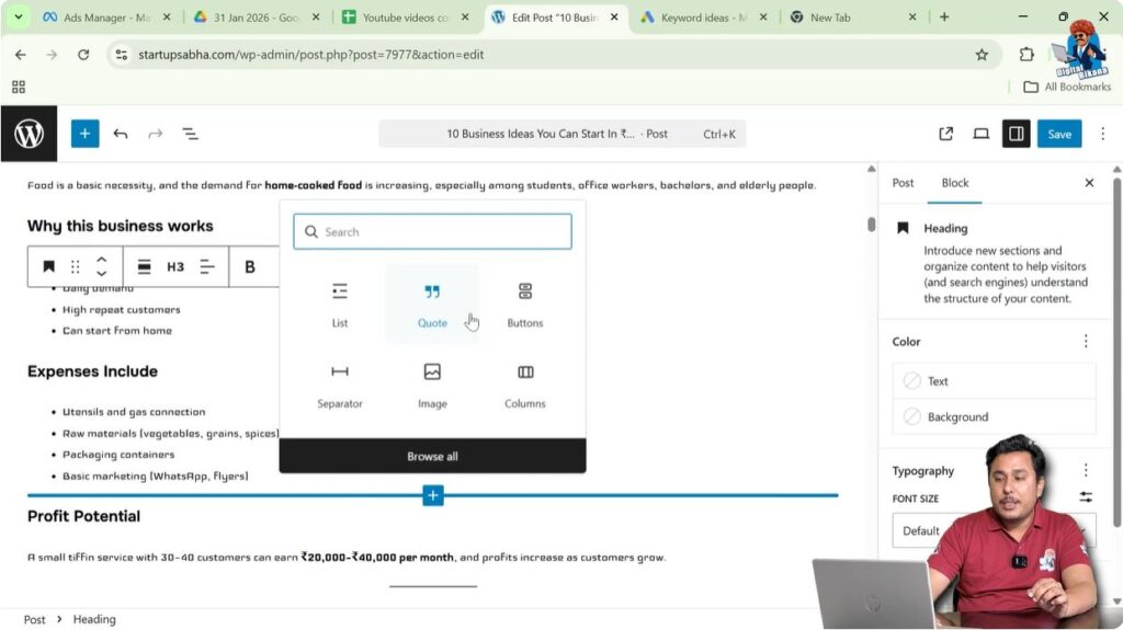 Different types of WordPress blocks including paragraph heading and columns