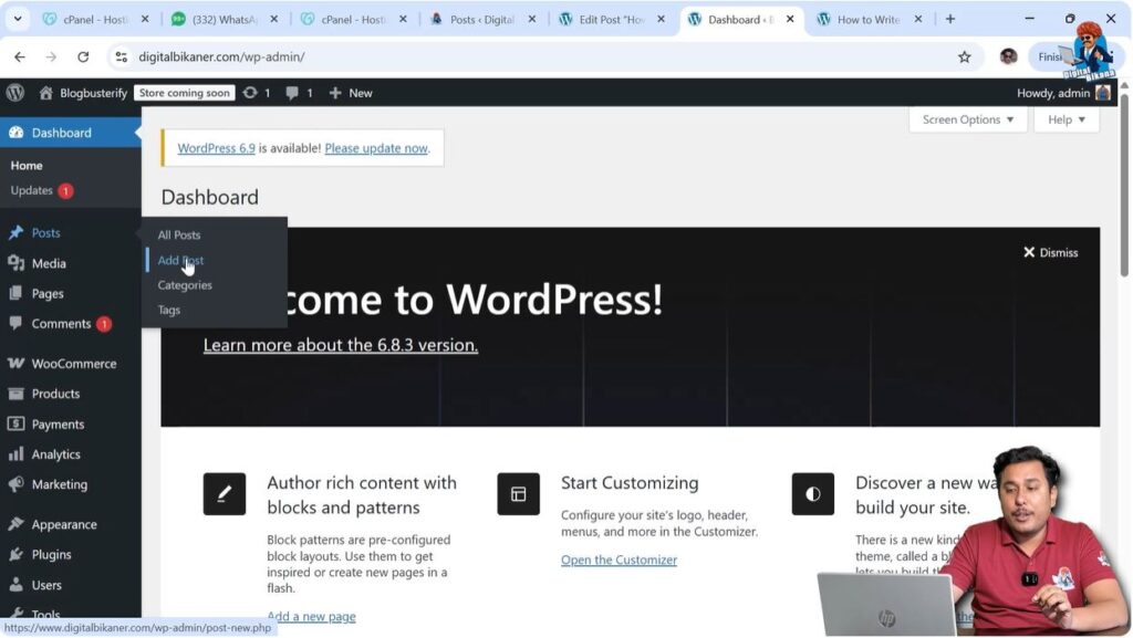 Creating a new blog post in WordPress using add post option
