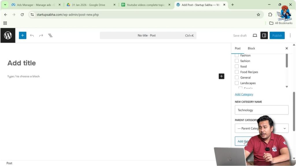 Creating new category using add category option in WordPress post