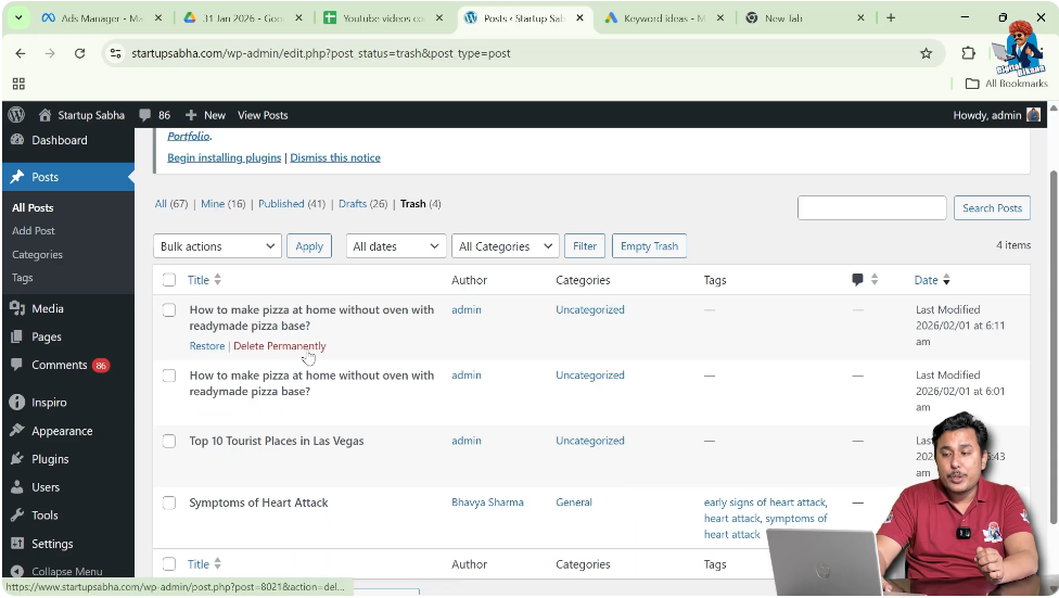Deleting blog post permanently from WordPress trash section