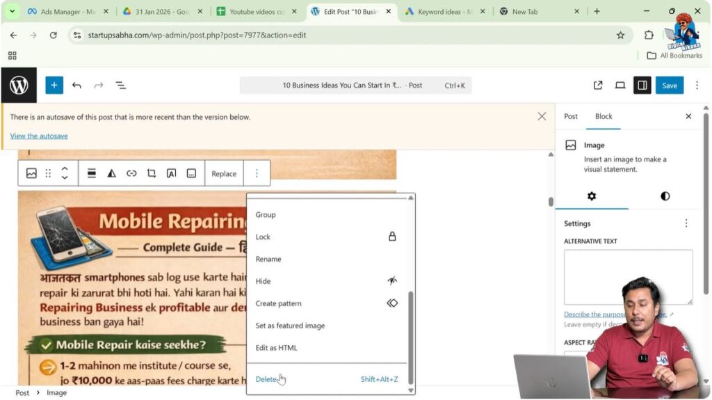 Deleting duplicated block in WordPress using block delete option