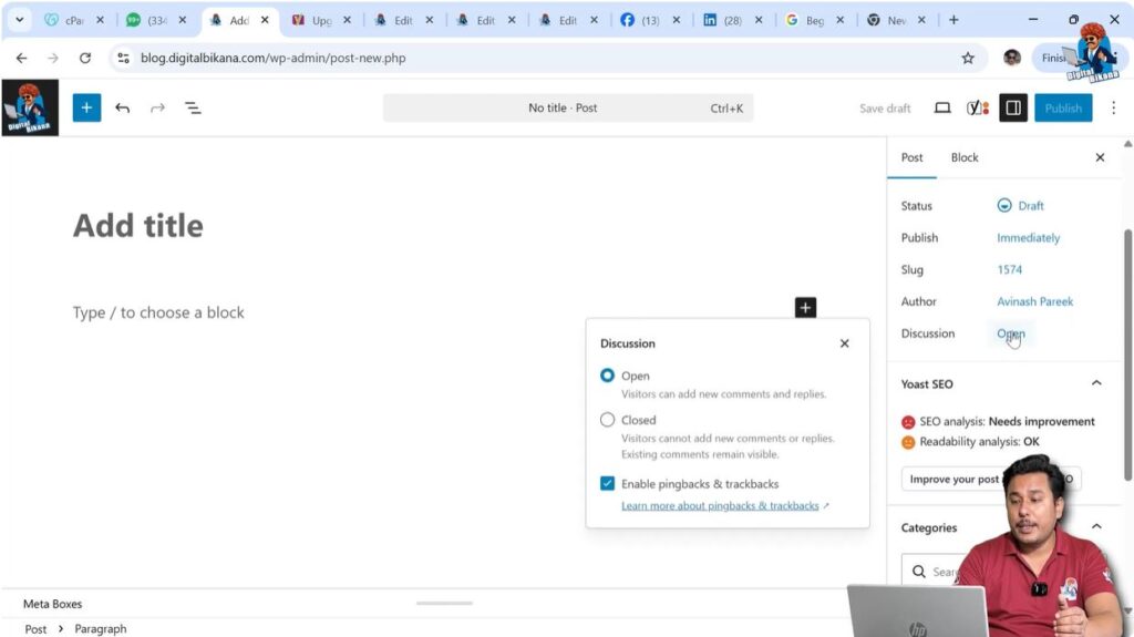 Comment discussion settings in WordPress blog post editor