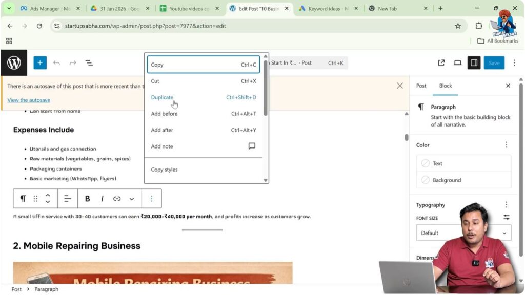 Duplicating a text block in WordPress using block options menu