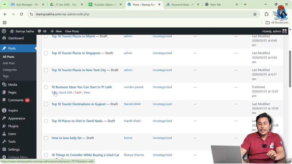 Editing existing blog post in WordPress block editor screen