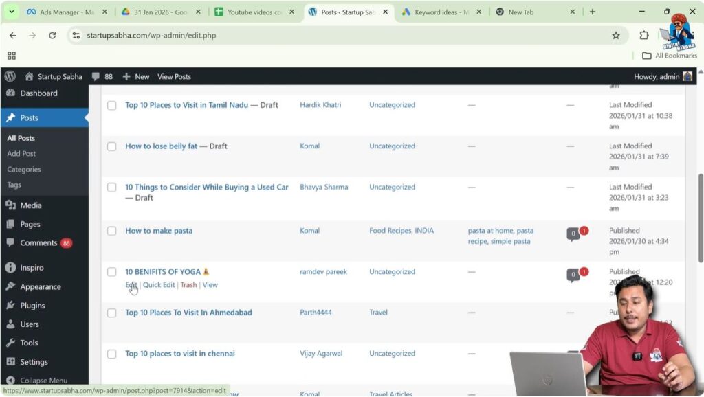 Editing WordPress blog post content in block editor interface
