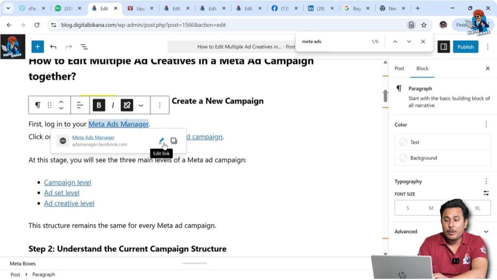 Editing external link settings in WordPress post editor anchor text options