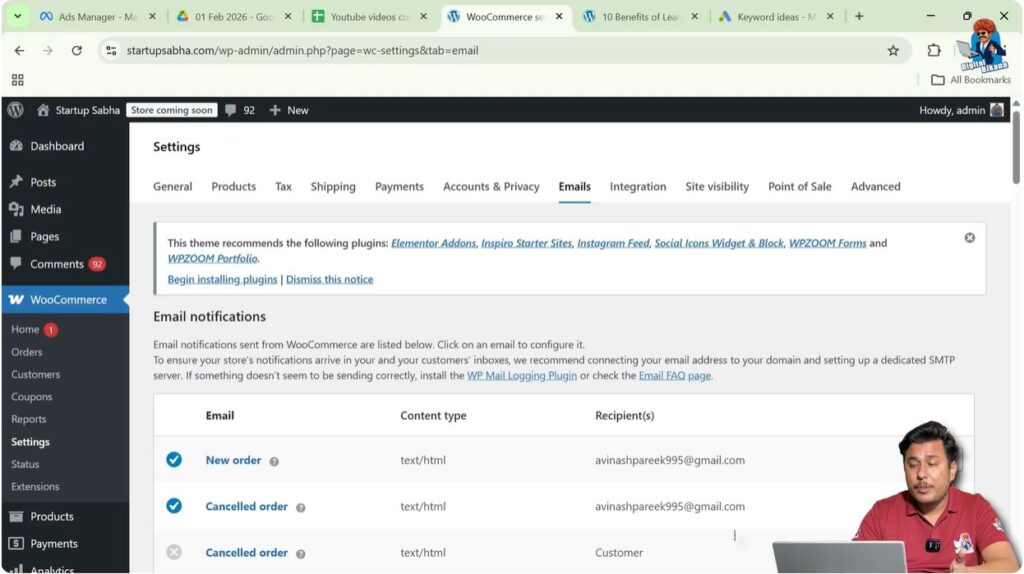WooCommerce email settings for order notifications and customer email alerts