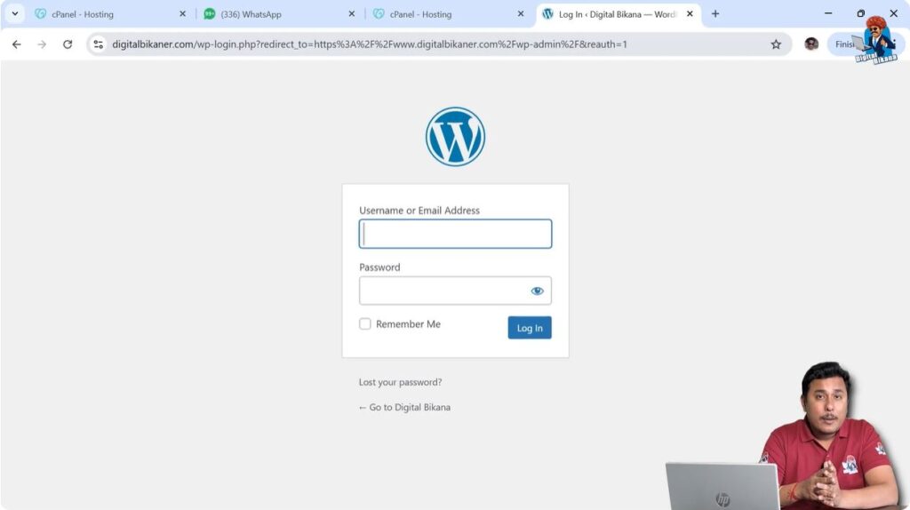 WordPress login page showing username and password fields