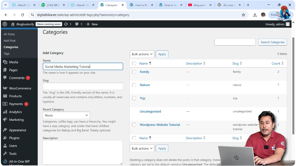 Entering category name in WordPress categories page