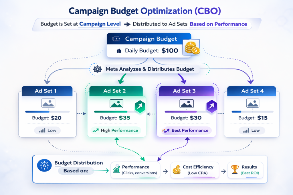 Example of campaign budget optimization with multiple ad sets in Facebook ads
