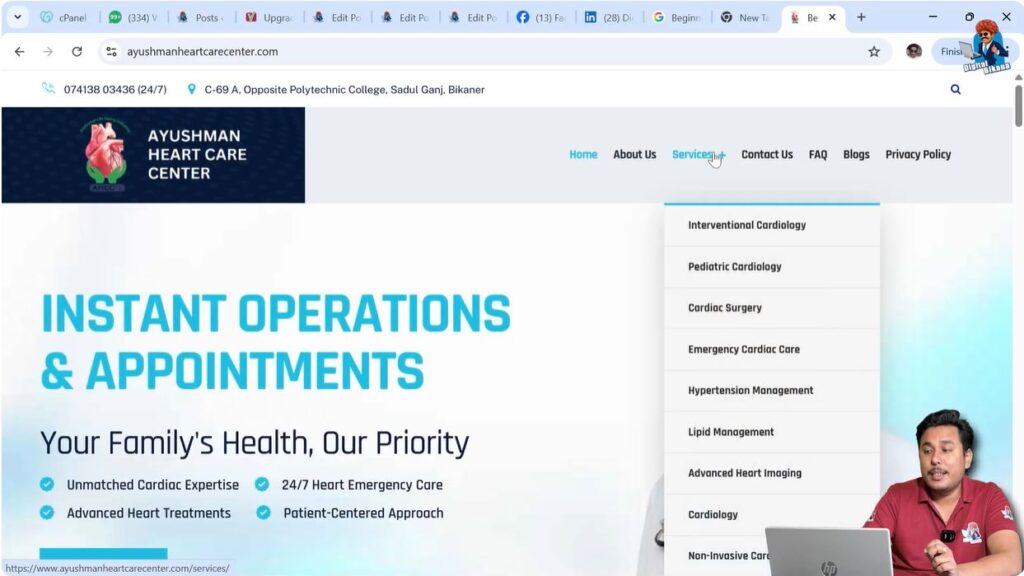 Example WordPress website showing homepage services about and contact pages