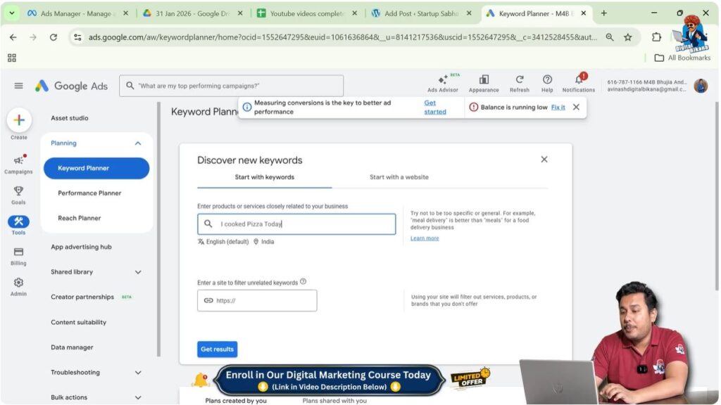 Low search volume keyword example in Google Keyword Planner tool