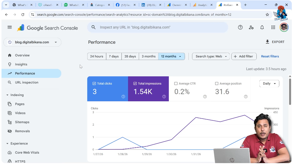 Google Search Console main dashboard overview with performance metrics