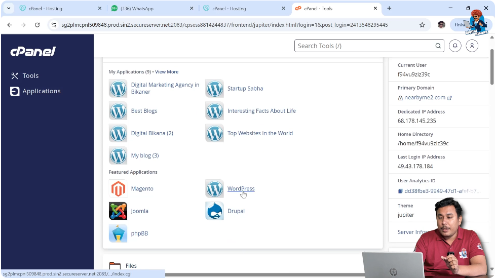 WordPress application shown in cPanel applications section
