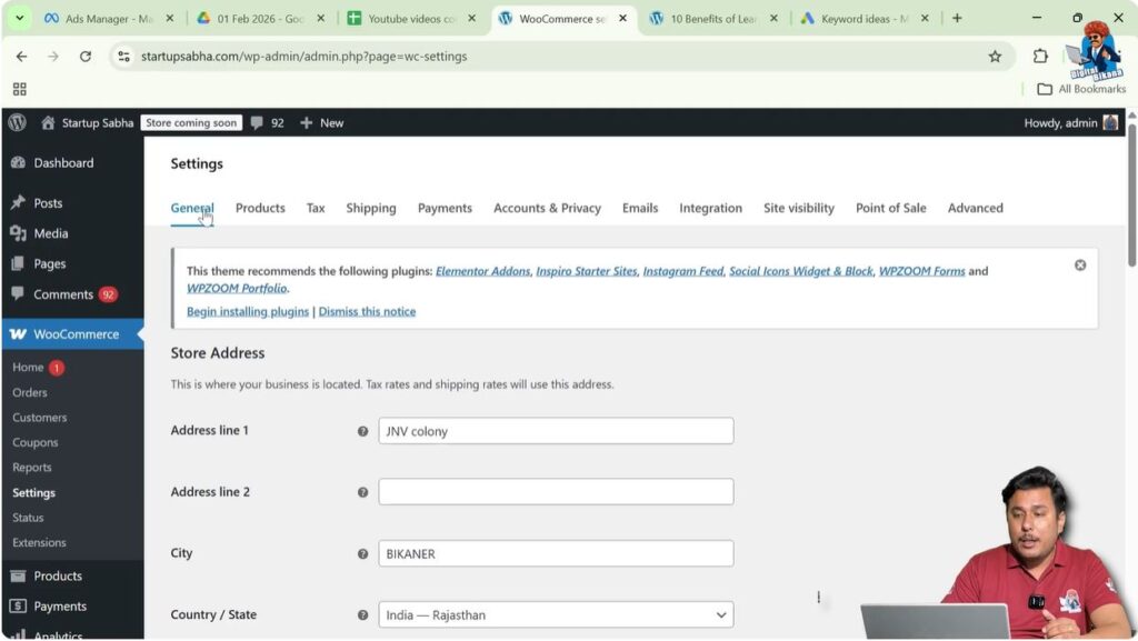 WooCommerce general settings page showing store address shipping locations and currency setup