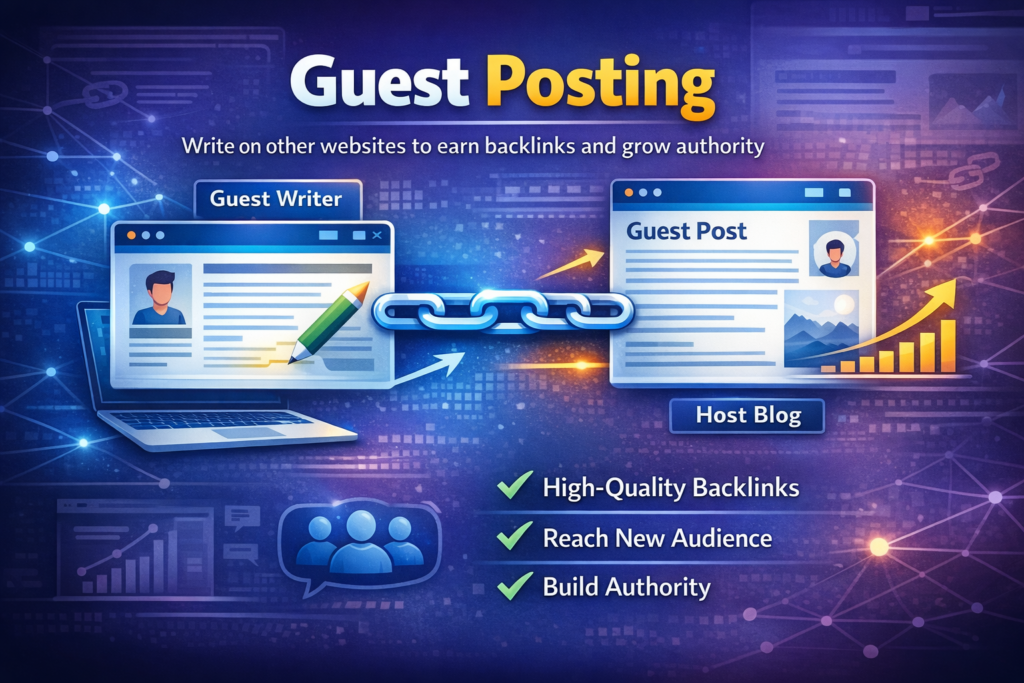 Guest Posting Link Building Strategies showing article publishing with backlinks