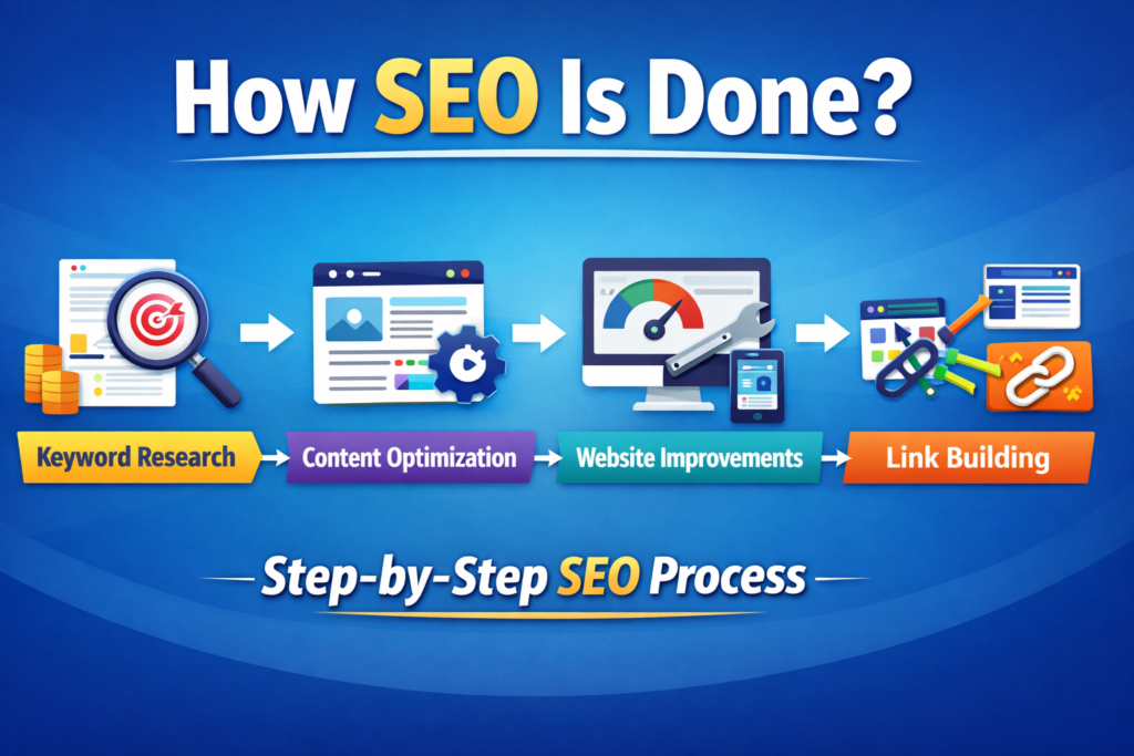 SEO workflow including keyword research content optimization and link building
