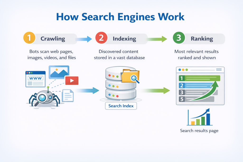 Diagram showing crawling indexing and ranking process in search engines