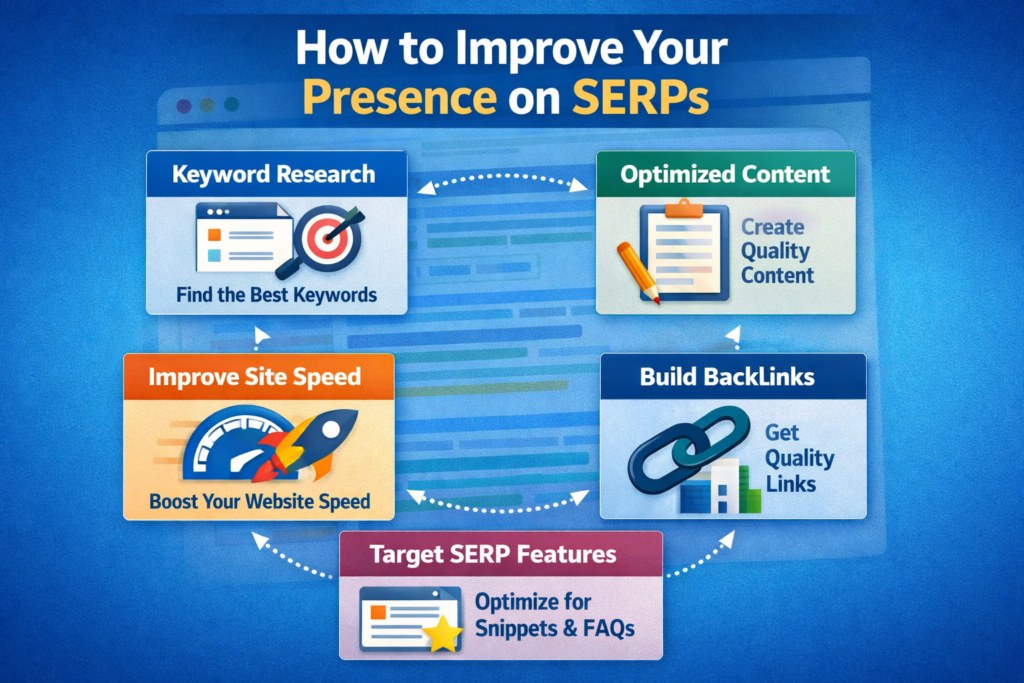Checklist showing keyword research, content optimization, and backlinks