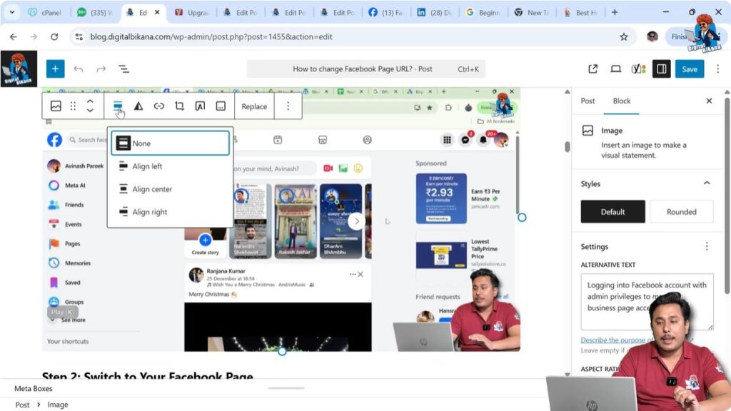 WordPress image alignment toolbar showing left center right options
