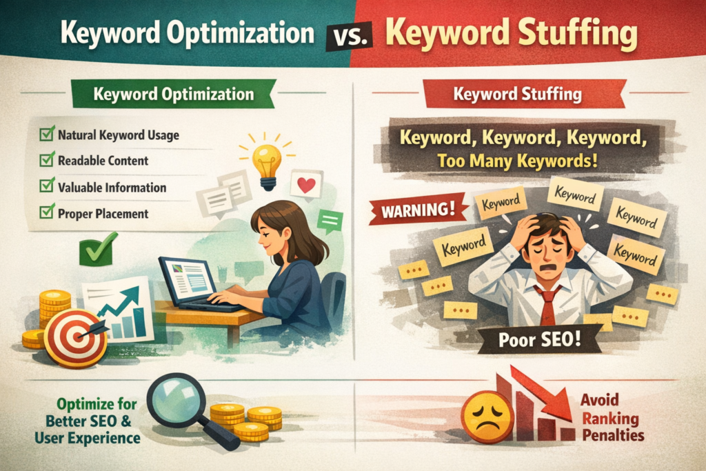 Keywords in SEO optimization vs keyword stuffing comparison example