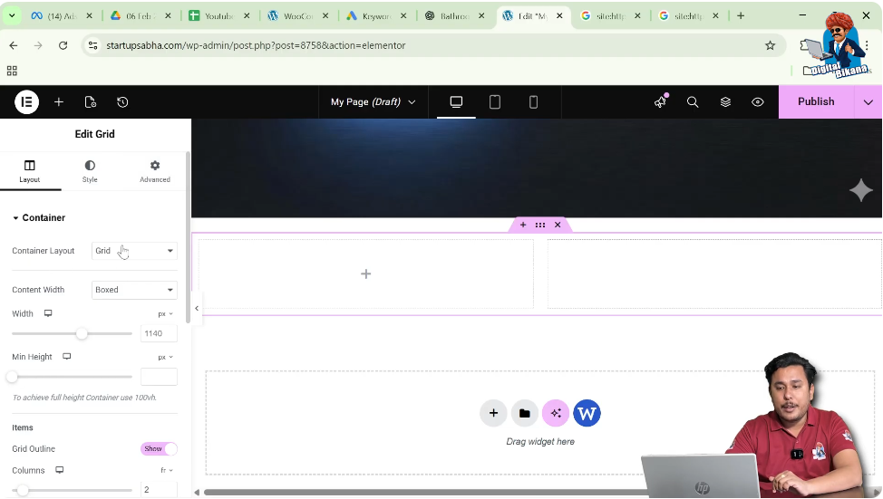Grid container layout settings with boxed and full width options in Elementor