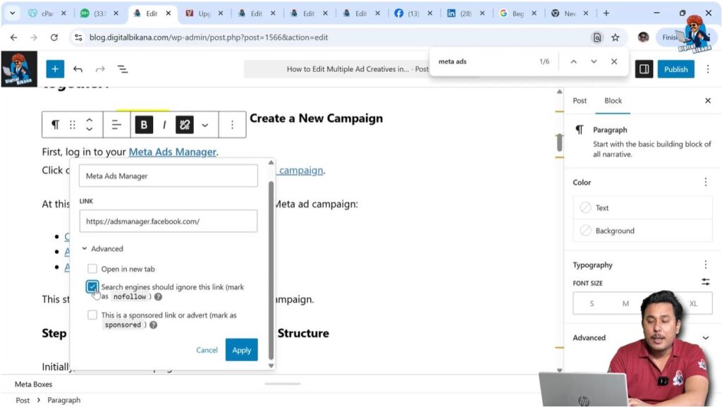 Mark external link as no follow in WordPress post editor link settings panel