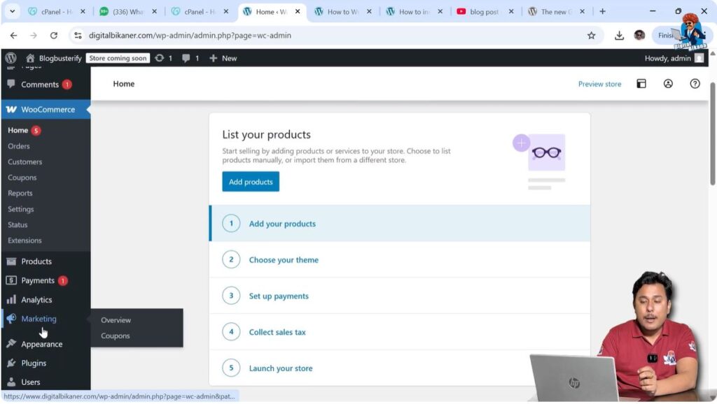 WooCommerce marketing section showing coupon creation options