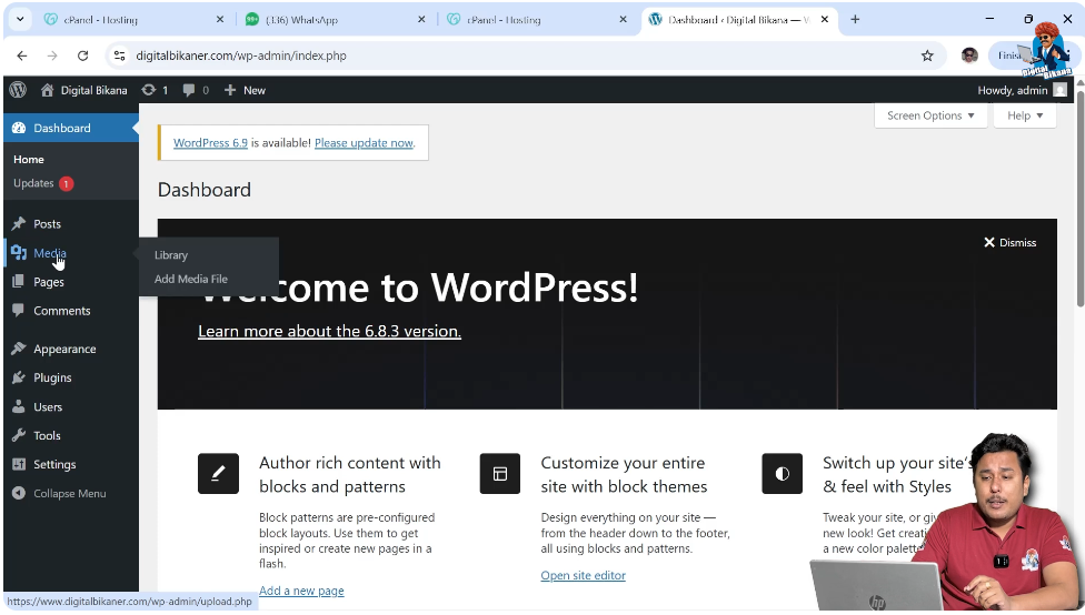 Media library in WordPress dashboard showing uploaded images and files