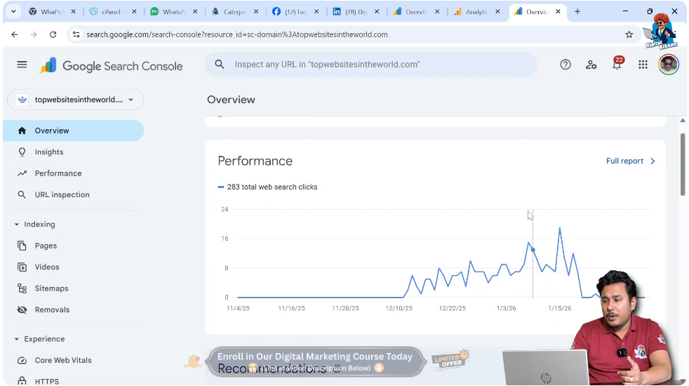 Google Search Console performance report dashboard with clicks and impressions