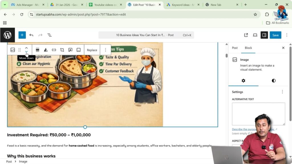 Moving image block position in WordPress blog post editor