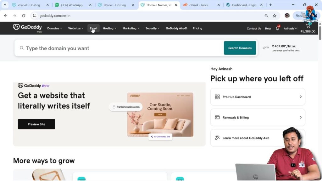 Selecting email option from GoDaddy header menu