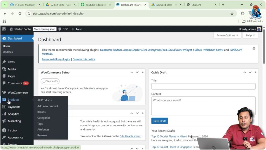 WordPress Products menu with Add New option in WooCommerce