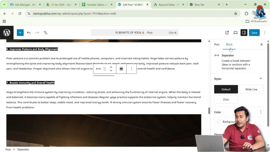 Separator block settings panel opened in WordPress editor sidebar