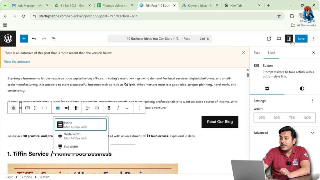 WordPress button block settings panel opened on right side toolbar