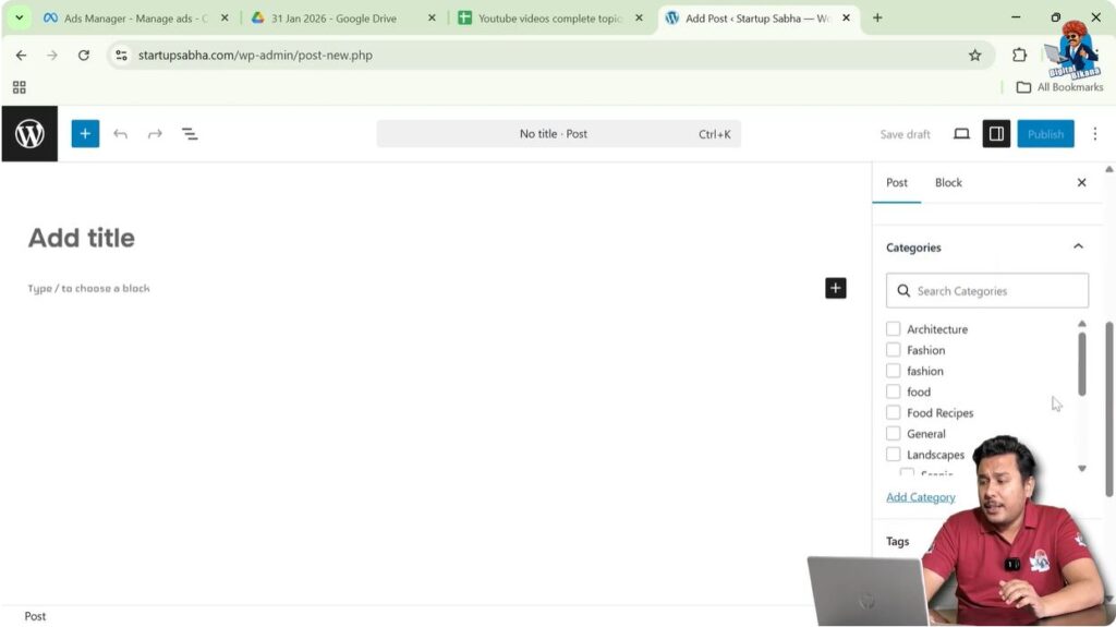 WordPress post settings showing categories section in sidebar
