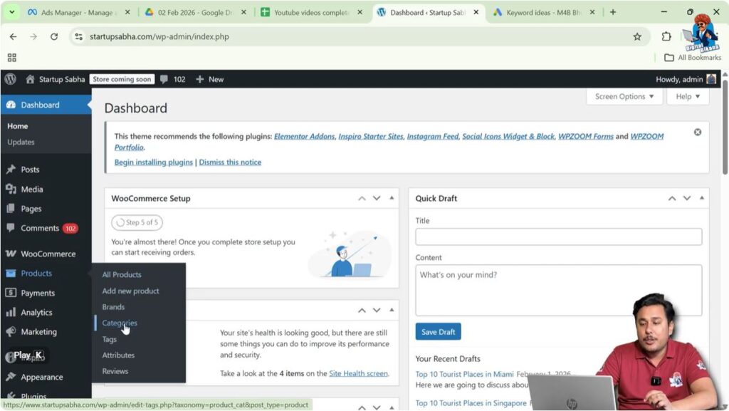 Opening product categories section in WooCommerce admin panel