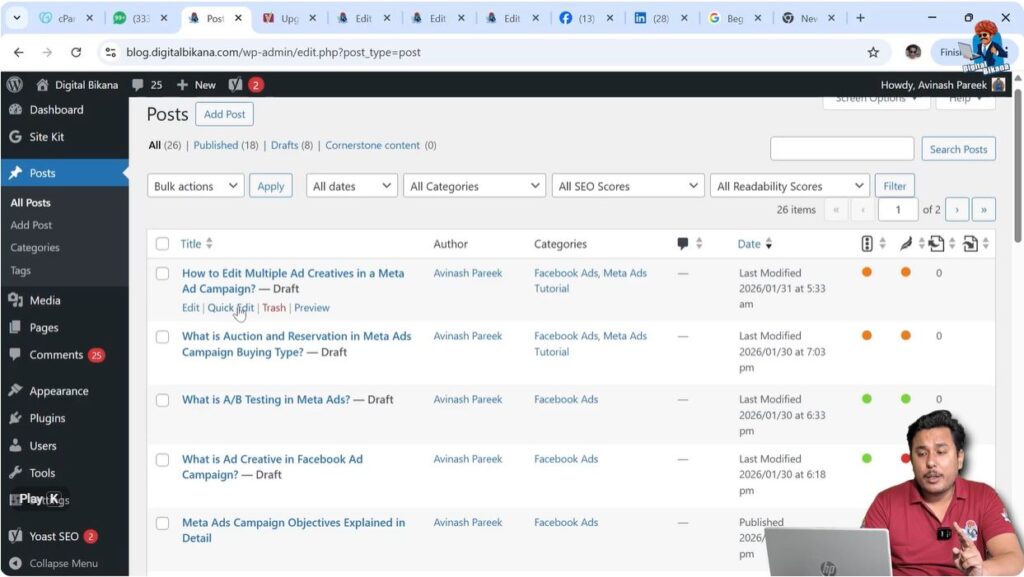 Quick Edit option under WordPress blog post title