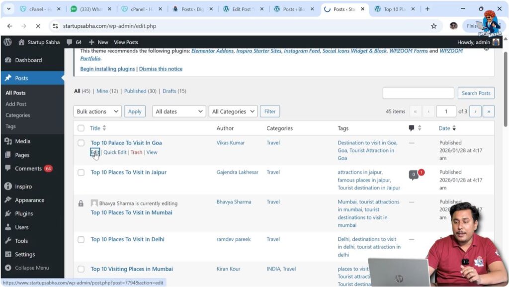 Editing WordPress blog post to add internal hyperlink example