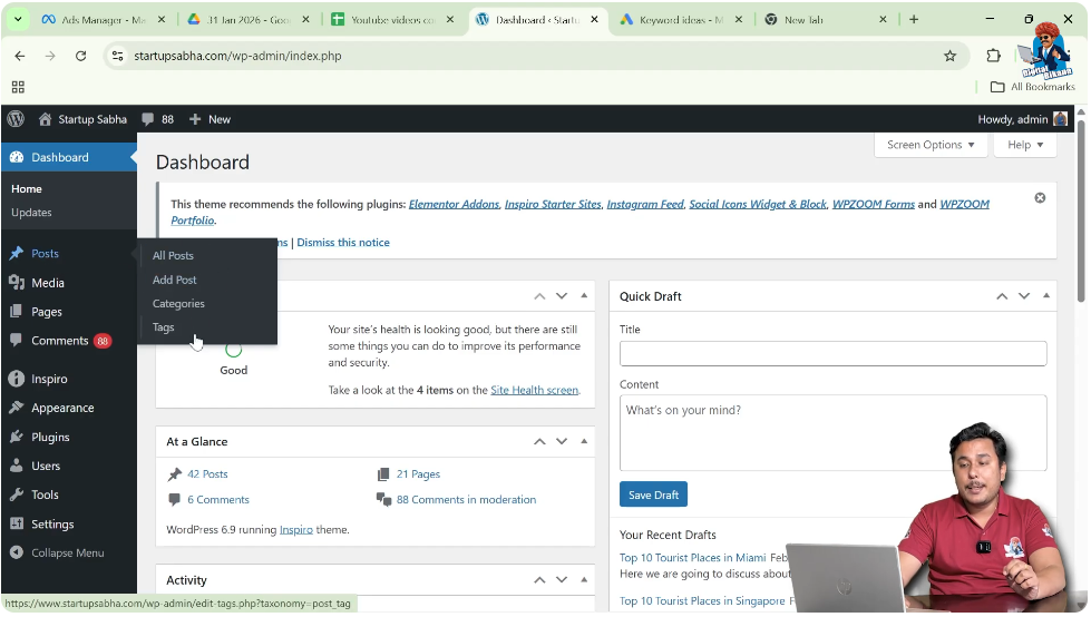 Accessing WordPress posts section from admin dashboard to edit blog posts