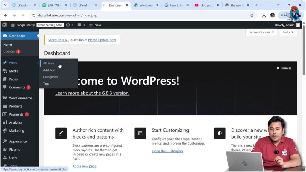 Opening blog post editor from WordPress dashboard All Posts section