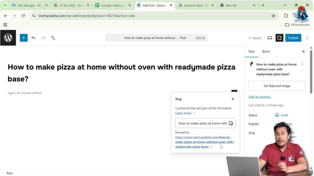 WordPress post settings panel showing slug permalink option