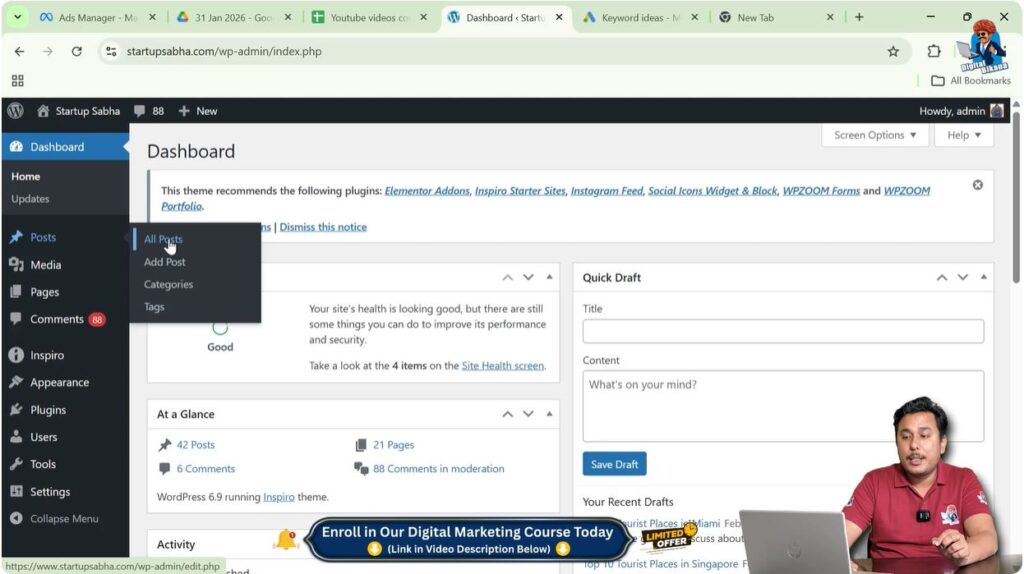 Opening WordPress blog post editor using edit option in posts list