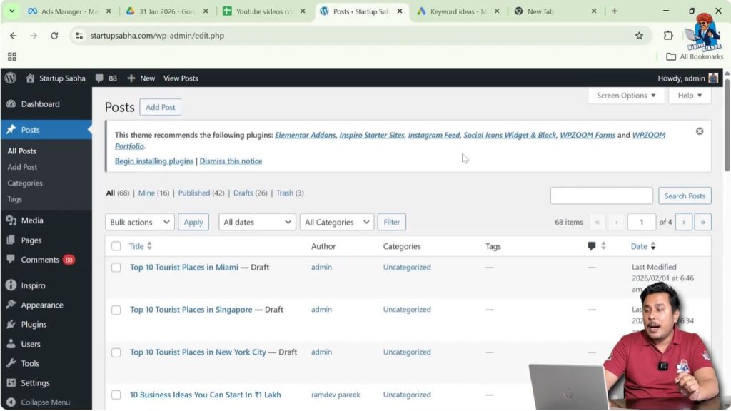 Opening an existing WordPress blog post using edit option in posts list