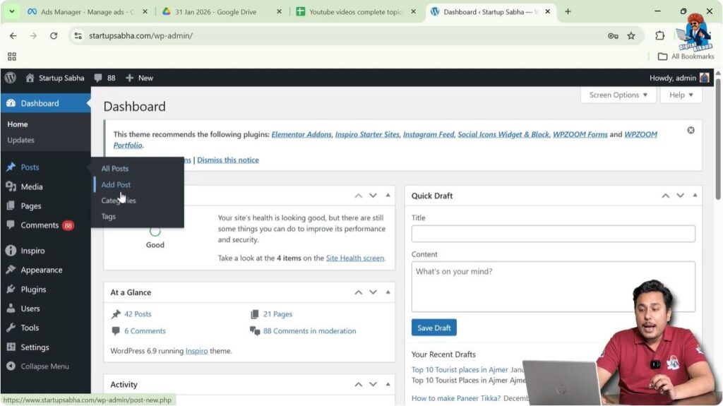 Opening or creating a new WordPress blog post in block editor