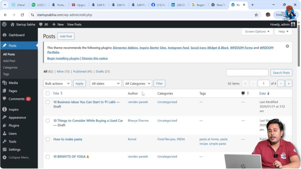 All posts page in WordPress dashboard for editing images